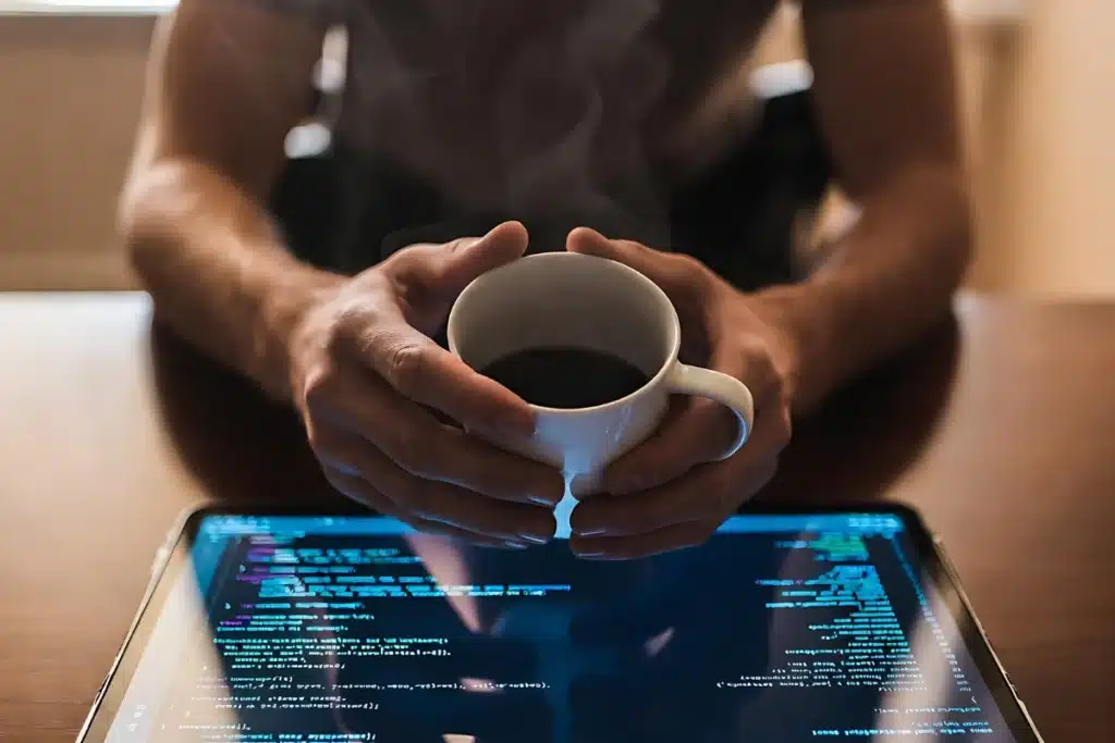 Como Vencer O Medo Da IA E Garantir Seu Emprego 2 Mãos segurando café em frente a laptop com códigos de IA, representando ansiedade tecnológica no trabalho