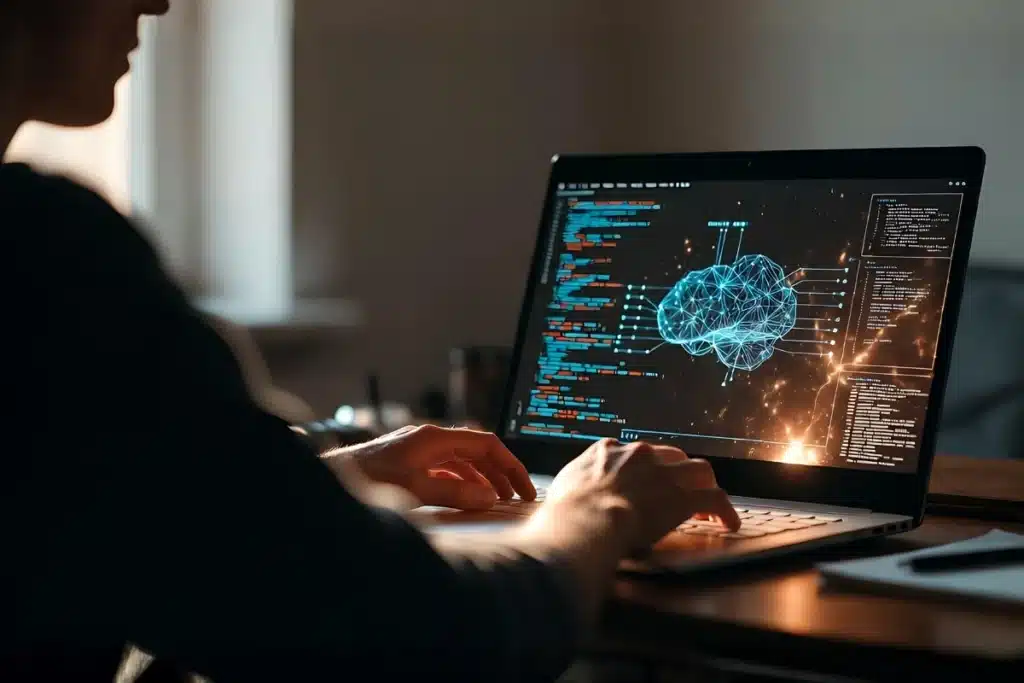 Como Vencer O Medo Da IA E Garantir Seu Emprego 3 O profissional moderno diante do código de IA: sensação e foco intenso no possível significado de substituição daquele momento. A visão por trás convida à reflexão sobre nosso próprio lugar nessa transformação digital.