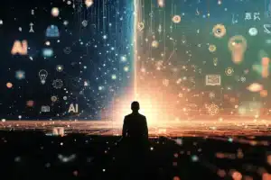 Pessoa diante de horizonte digital representando a transição do medo da IA para confiança através do aprendizado