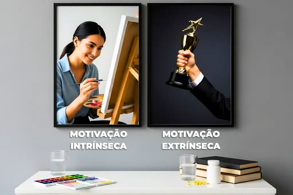 Motivação e Disciplina: Um Guia Baseado em Neurociência 4 Cena de motivação e hábitos: split com intrínseca (pintura) e extrínseca (recompensa) em quadro; stack de água, vitamina e jornal na mesa, luz suave e poeira realista para atmosfera acolhedora.
