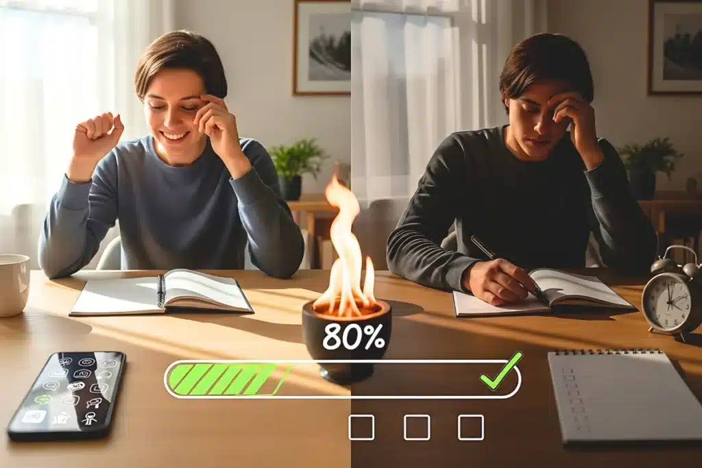 Motivação e Disciplina: Um Guia Baseado em Neurociência 6 Imagem ilustrando consistência: mito da motivação (pessoa fatigada), regra 80% (progresso parcial) e ferramentas (app, timer, checklist) em mesa, com iluminação realista e composição minimalista.