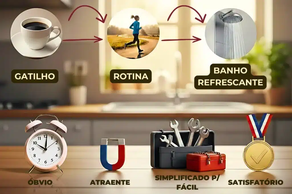Motivação e Disciplina: Um Guia Baseado em Neurociência 7 Imagem de mudança de hábitos: loop (gatilho-rotina-recompensa) no fundo; 4 pilares de automação (óbvio, atraente, fácil, satisfatório) como objetos na mesa, com iluminação realista e composição minimalista.