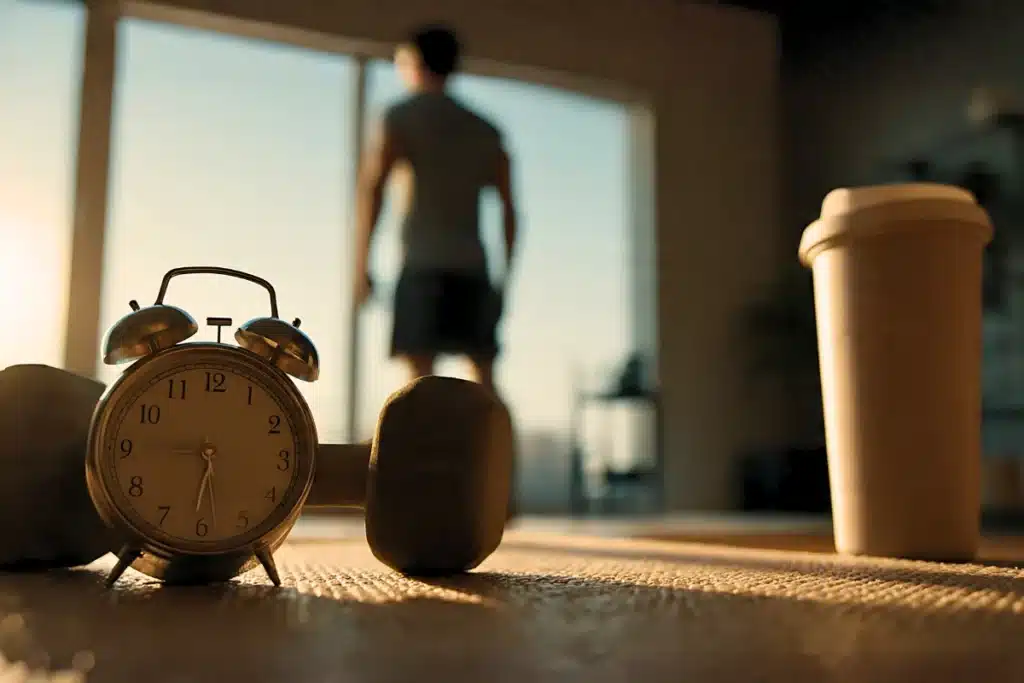 Motivação e Disciplina: Um Guia Baseado em Neurociência 8 Aplicação integrada de hábitos: loop de exercícios (gatilho-rotina-recompensa) no foreground; 4 pilares de automação no background, composição cinematográfica e texturas reais.