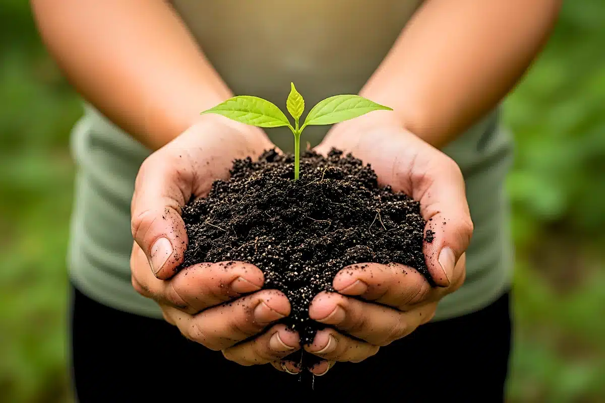 Mãos humanas segurando terra fértil com muda verde brotando, representando a conexão entre o ser humano, a natureza e meio ambiente.