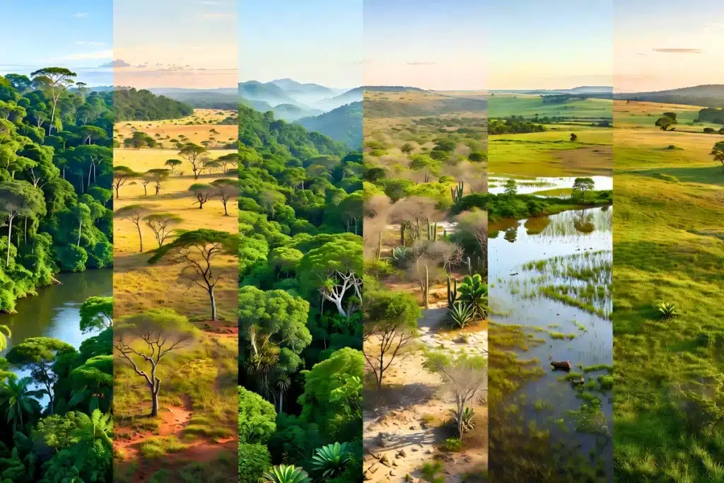 Natureza e Meio Ambiente: 8 Passos Para Aplicar ao Cotidiano 2 Panorama dos biomas brasileiros mostrando Amazônia, Cerrado, Mata Atlântica, Caatinga, Pantanal e Pampa em paisagem contínua com vegetação e condições ambientais características de cada ecossistema.