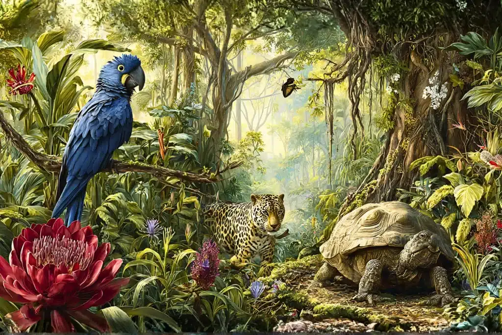 Natureza e Meio Ambiente: 8 Passos Para Aplicar ao Cotidiano 3 Composição de fauna e flora brasileira nativa: arara-azul, onça-pintada, bromélia e jabuti em floresta tropical, representando a biodiversidade dos ecossistemas.