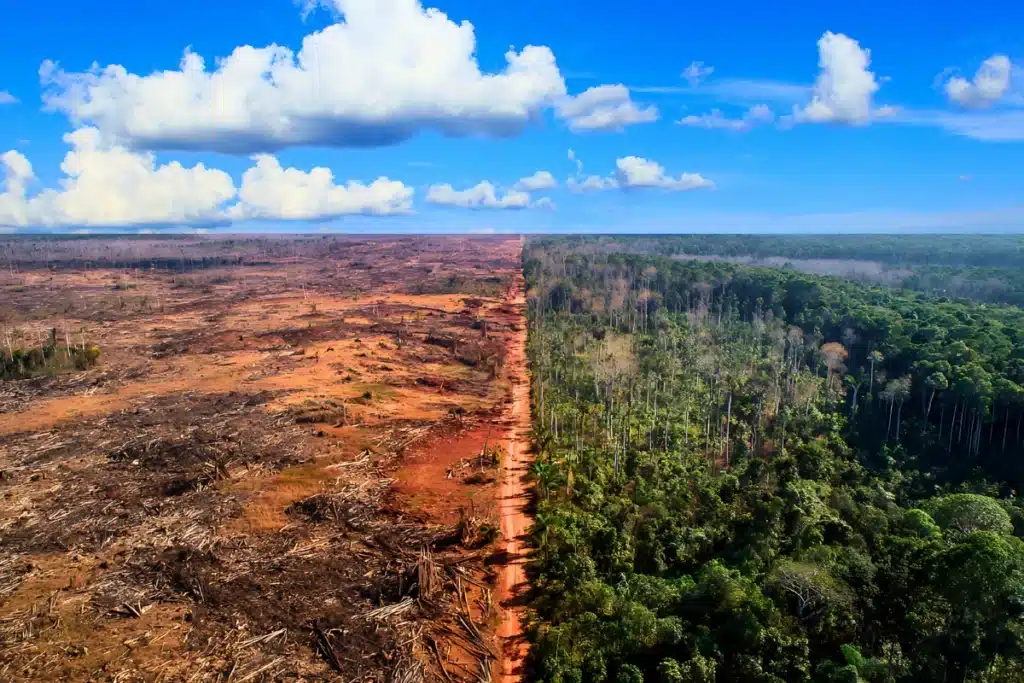 Natureza e Meio Ambiente: 8 Passos Para Aplicar ao Cotidiano 5 Imagem dividida mostrando área desmatada à esquerda e floresta em regeneração à direita, representando o impacto ambiental e a recuperação dos ecossistemas.