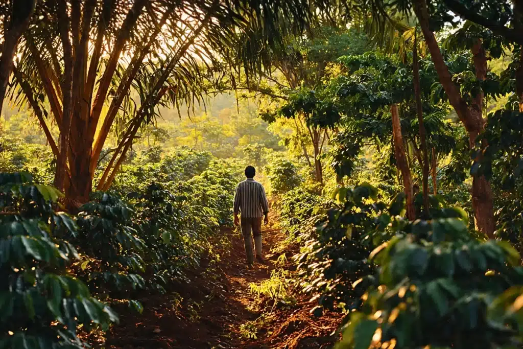 Natureza e Meio Ambiente: 8 Passos Para Aplicar ao Cotidiano 7 Agricultor brasileiro em sistema agroflorestal com culturas integradas à vegetação nativa, simbolizando sustentabilidade e equilíbrio ecológico no uso dos recursos naturais.