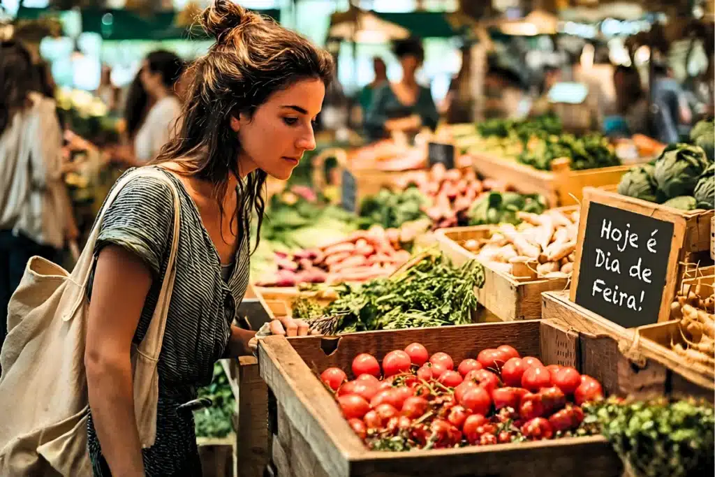 Natureza e Meio Ambiente: 8 Passos Para Aplicar ao Cotidiano 8 Pessoa em mercado local escolhendo produtos orgânicos com sacola reutilizável, representando escolhas cotidianas conscientes em relação ao meio ambiente.