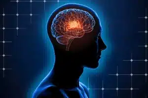 Silhueta humana com rede neural iluminada representando autorregulação e o córtex pré-frontal ativo