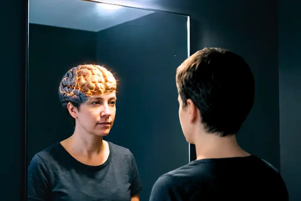 10 Passos Para Construir Autorregulação Sem Força de Vontade 4 Pessoa observando seu próprio reflexo com sobreposição neural ilustrando metacognição e automonitoramento cognitivo.