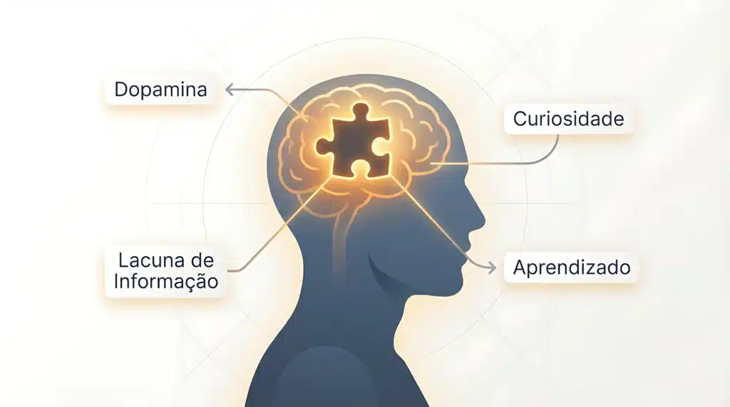 Curiosidade: A Ciência da Atenção, os Gatilhos da Internet e o Prazer Real de Aprender 2 Infográfico conceitual mostrando a lacuna de informação no cérebro humano como gatilho da curiosidade e da liberação de dopamina, ilustrando a psicologia da curiosidade.