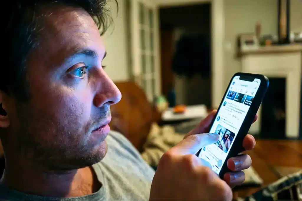 Curiosidade: A Ciência da Atenção, os Gatilhos da Internet e o Prazer Real de Aprender 4 Cena dramática de um homem com olhar hipnotizado passando os conteúdos do celular de forma automática