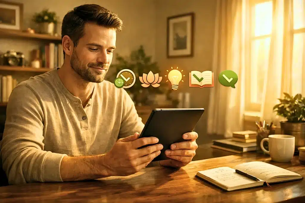 Curiosidade: A Ciência da Atenção, os Gatilhos da Internet e o Prazer Real de Aprender 5 Pessoa em ambiente acolhedor lendo conscientemente em tablet com anotações em caderno ao lado, representando o consumo intencional e consciente de conteúdo digital como antídoto ao clickbait e aos gatilhos mentais da internet