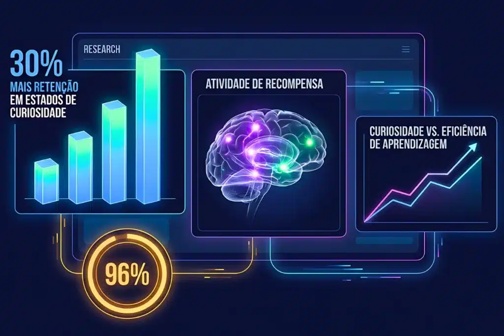 Curiosidade: A Ciência da Atenção, os Gatilhos da Internet e o Prazer Real de Aprender 6 Painel de visualização de dados científicos mostrando gráficos sobre retenção de memória em estados de curiosidade, eficiência de aprendizado e neurociência da atenção, fundamentando os casos e estudos reais citados no artigo sobre curiosidades fascinantes.