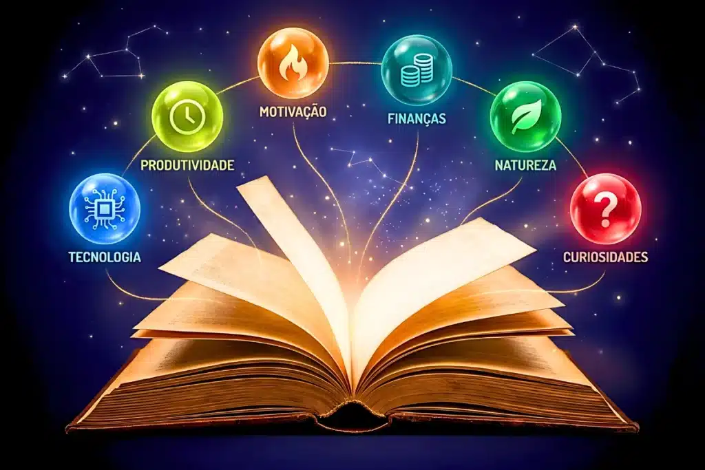 Curiosidade: A Ciência da Atenção, os Gatilhos da Internet e o Prazer Real de Aprender 7 Livro aberto iluminado em dourado com cinco esferas coloridas flutuando ao redor conectadas por fios de luz, representando o manifesto editorial do blog e as cinco categorias de conhecimento, tecnologia, produtividade, motivação, finanças, natureza e curiosidades.