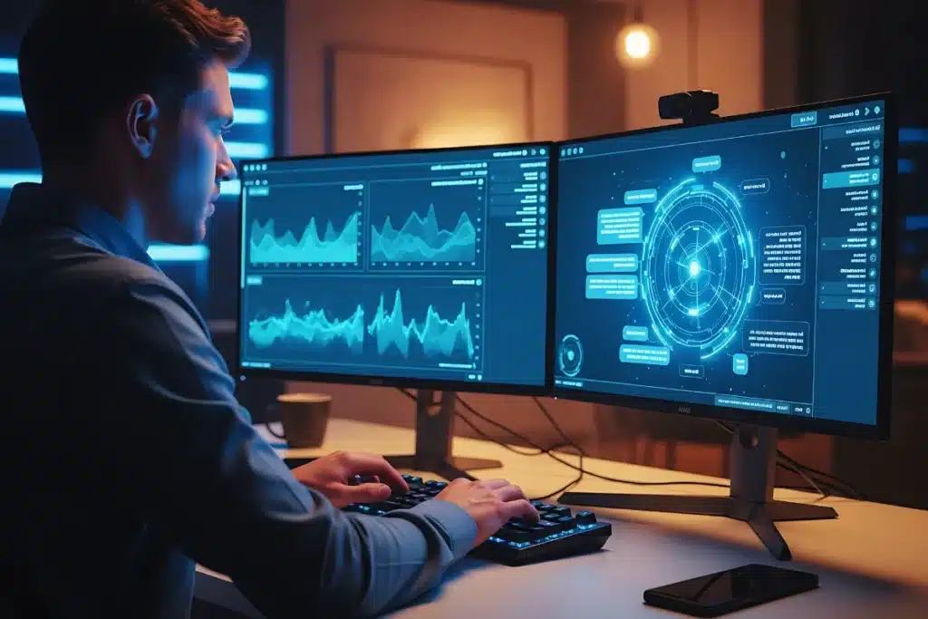 Engenharia de Prompt: Guia Prático Para Usar IA 1 Um profissional em seu computador utilizando engenharia de prompt em uma ferramenta de IA pra realizar seu trabalho