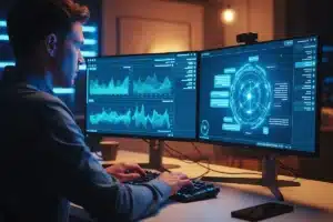 Um profissional em seu computador utilizando engenharia de prompt em uma ferramenta de IA pra realizar seu trabalho