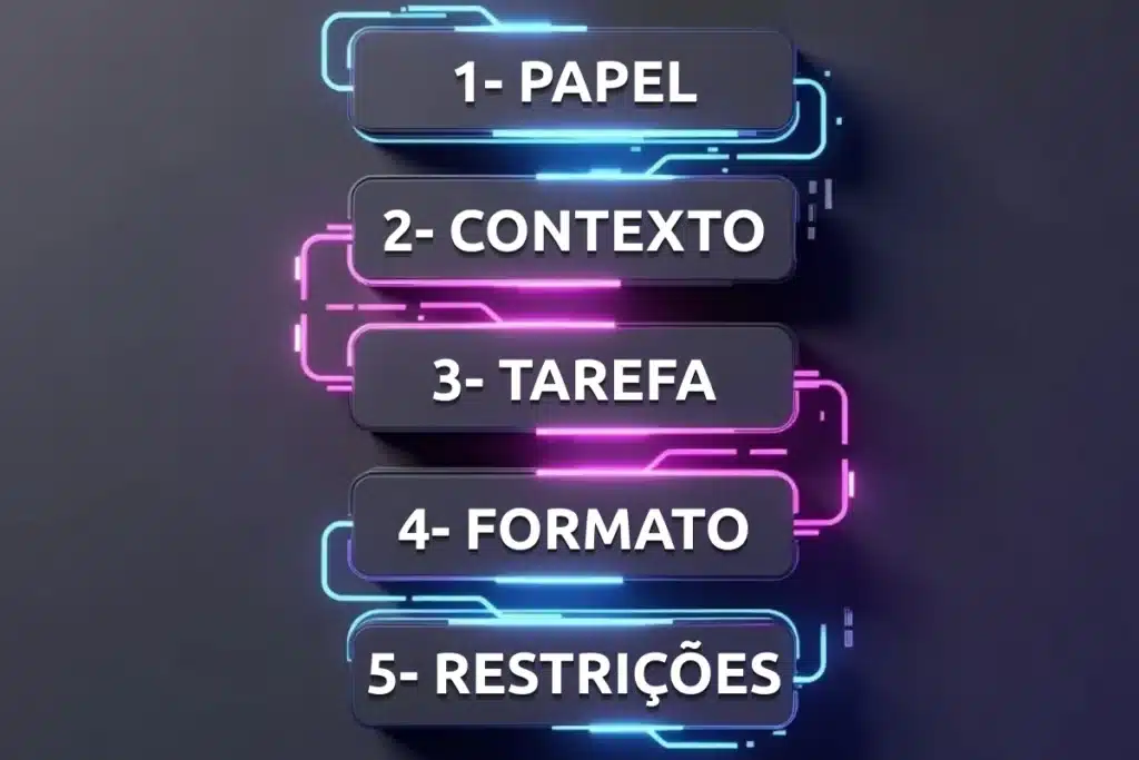 Engenharia de Prompt: Guia Prático Para Usar IA 2 Um infográfico com os cinco elementos fundamentais para criar prompts eficientes para inteligência artificial