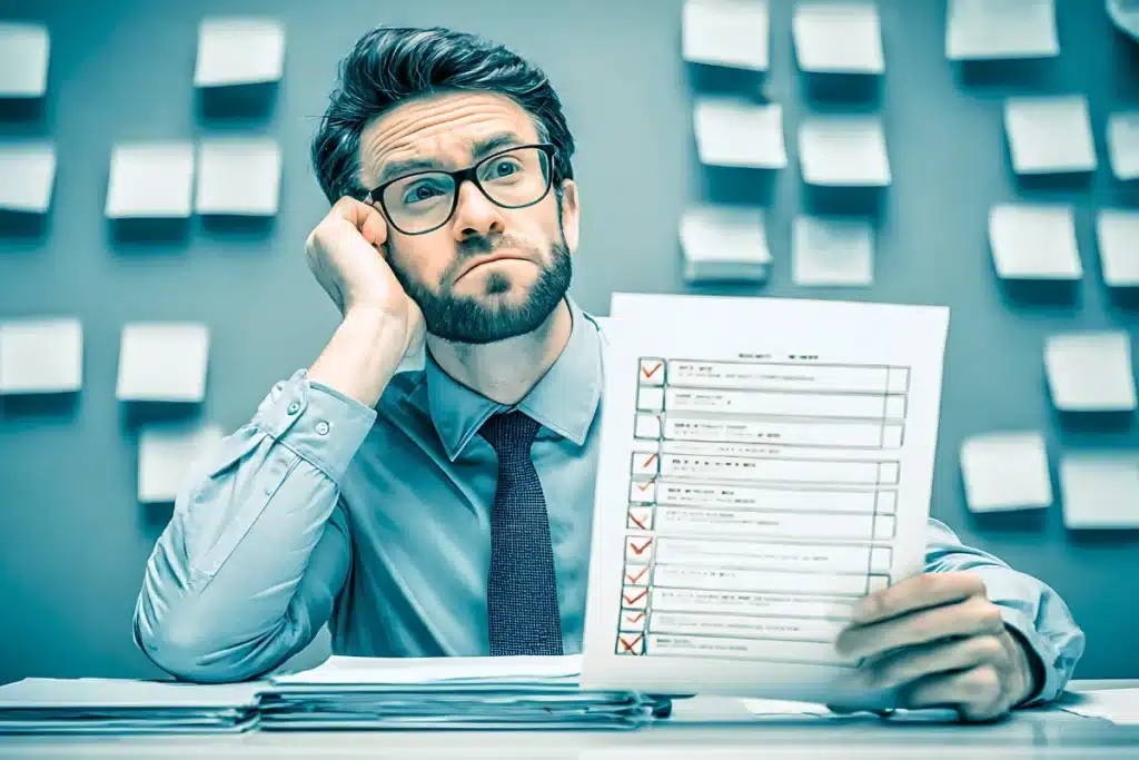 Produtividade Tóxica: 5 Sinais de que Você Está se Sabotando 5 Profissional com expressão de insatisfação crônica diante de lista de conquistas representando esgotamento profissional e produtividade tóxica