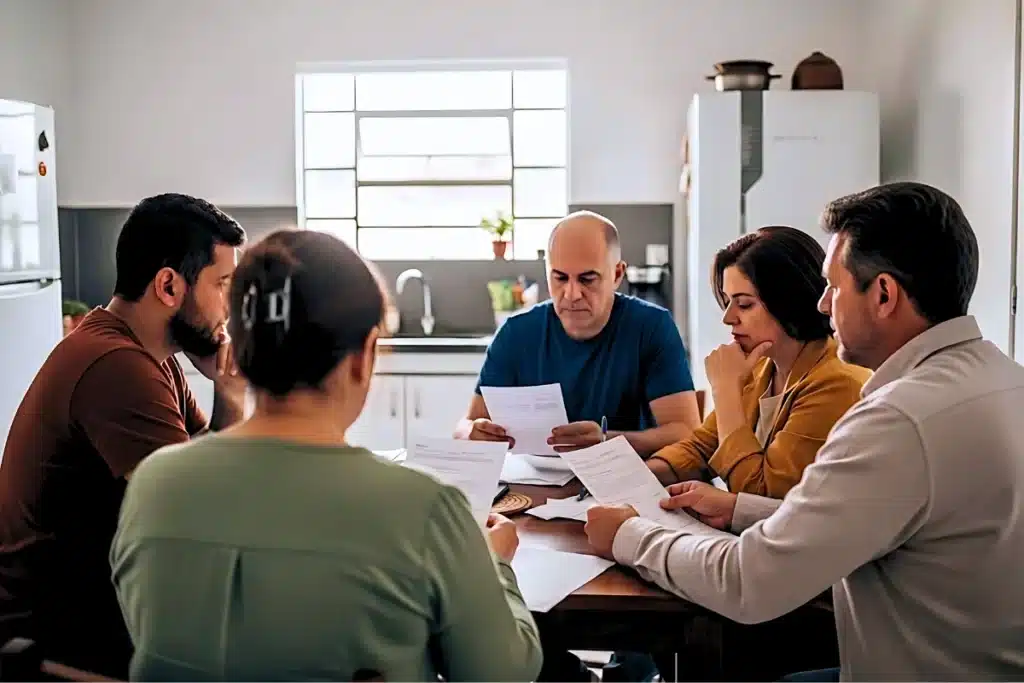 Como Sair das Dívidas, 2 Métodos: Avalanche e Bola de Neve 2 Família brasileira reunida para tentar resolver suas contas em atraso, representando o endividamento no Brasil.