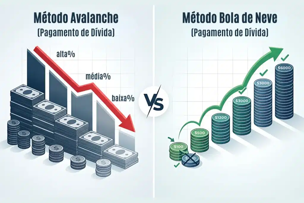 Como Sair das Dívidas, 2 Métodos: Avalanche e Bola de Neve 5 Comparação visual entre o Método Avalanche e o Método Bola de Neve para quitar dívidas.